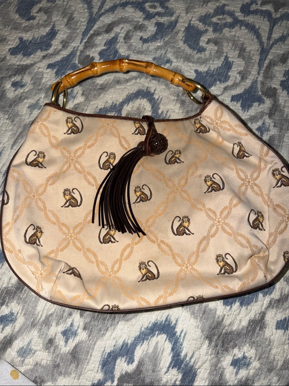 Vintage Tommy Bahama Beige Monkey Print Bamboo Handle Women's Shoulder Bag